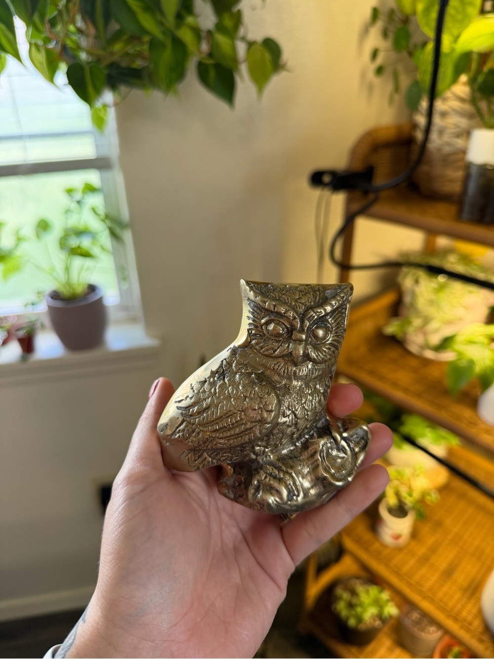 Antique Brass Owl Figurine Decorative Accent - Gold